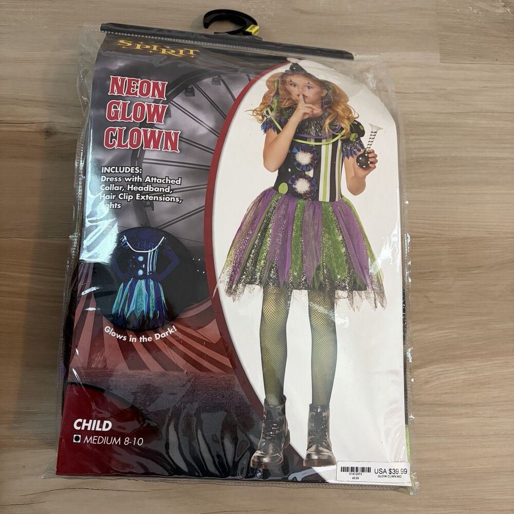 Spirit Halloween Neon Glow Clown Child Size Medium Size 8-10 Costume Dress